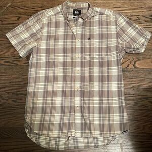 EUC! Quiksilver "Modern" Gray/Brown Plaid SS Button Down Shirt - Size Small